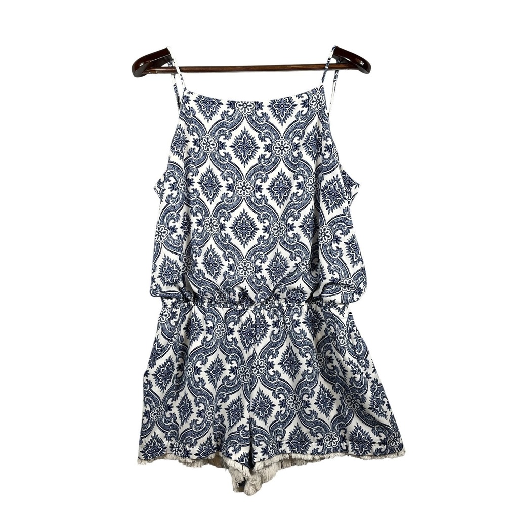Bisou Bisou Womens 16 Paisley Romper Frayed Hem Navy White Boho Summer Resort